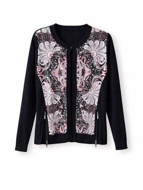 Floral Cardigan Sweater Black Pink Zip Detail Soft Knit Size 36